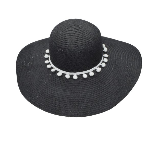 Black Wide Brim Straw Sun Hat Pom Embellished - Picture 7 of 8